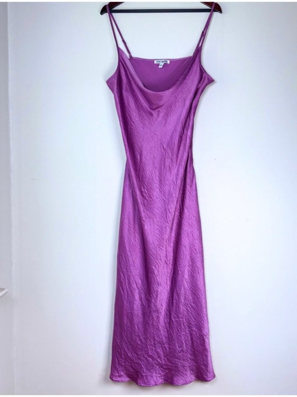 Steve Madden Cowl Neck Midi Slinky Satin Slip Dress Magenta Purple Large Bias